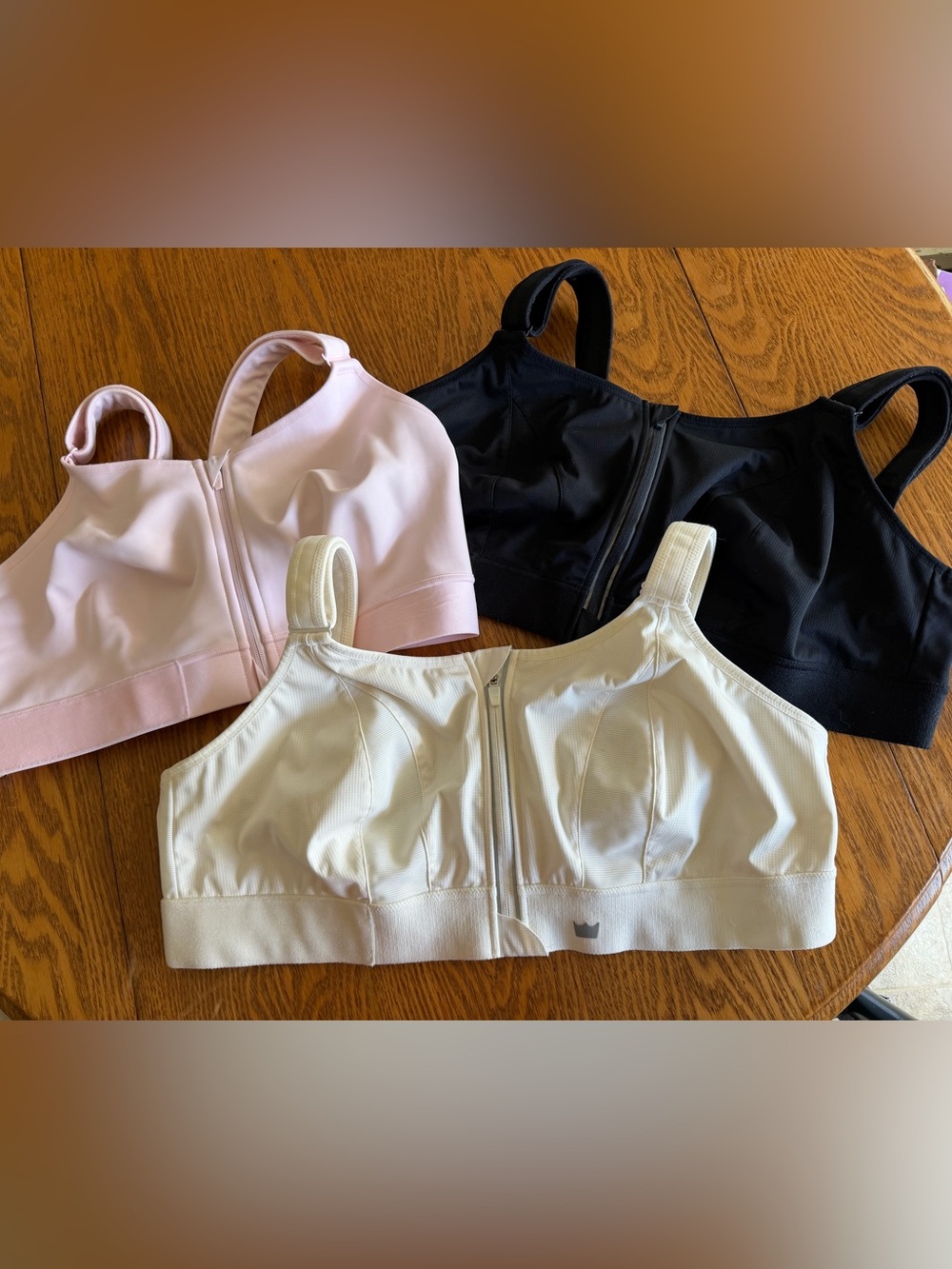 SHEFIT Front-Zip Sports Bra Trio in Blush, Black & White